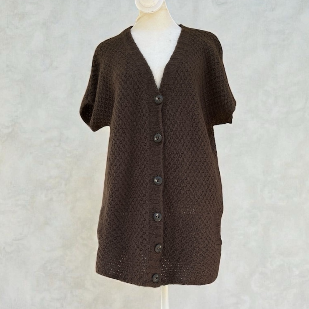 Zara Mohair Blend SS V-neck Button Front Cardigan in Chocolate Size Medium